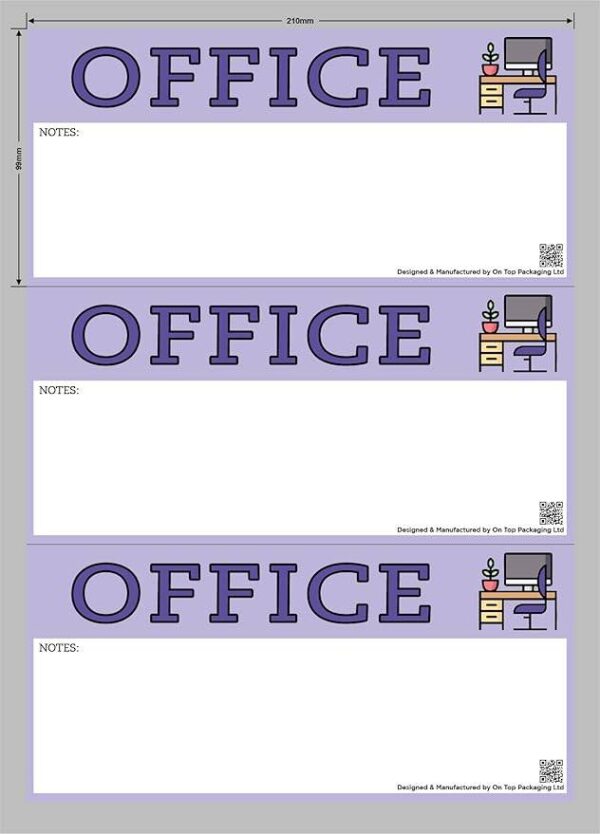 Sheet of three large rectangular office moving stickers with purple background, bold “OFFICE” text, space for notes, office icon, and QR code.