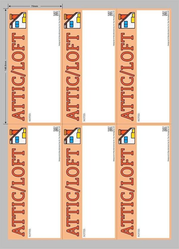Sheet of six tall vertical attic moving stickers with orange background, bold “ATTIC/LOFT” text, space for notes, house icon, and QR code.