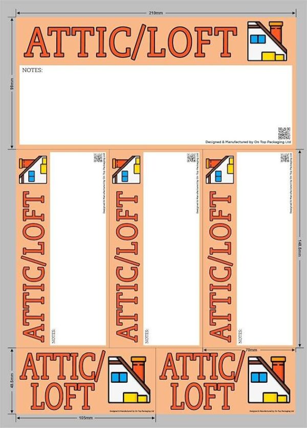 Mixed sheet of attic moving stickers including one large rectangular label, three tall vertical labels, and three small horizontal labels, all with orange background, bold “ATTIC/LOFT” text, space for notes, house icon, and QR code.