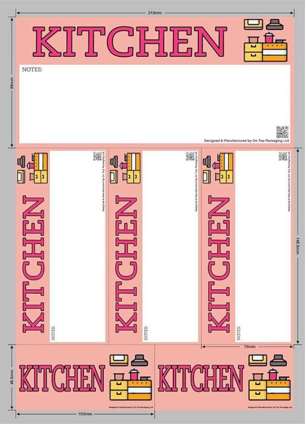 Mixed sheet of kitchen moving stickers including one large rectangular label, three tall vertical labels, and three small horizontal labels, all with pink background, bold “KITCHEN” text, space for notes, kitchen icon, and QR code.