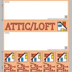 Sheet of attic moving stickers with two large rectangular labels and six narrow vertical labels, all featuring orange background, bold “ATTIC/LOFT” text, space for notes, house icon, and QR code.