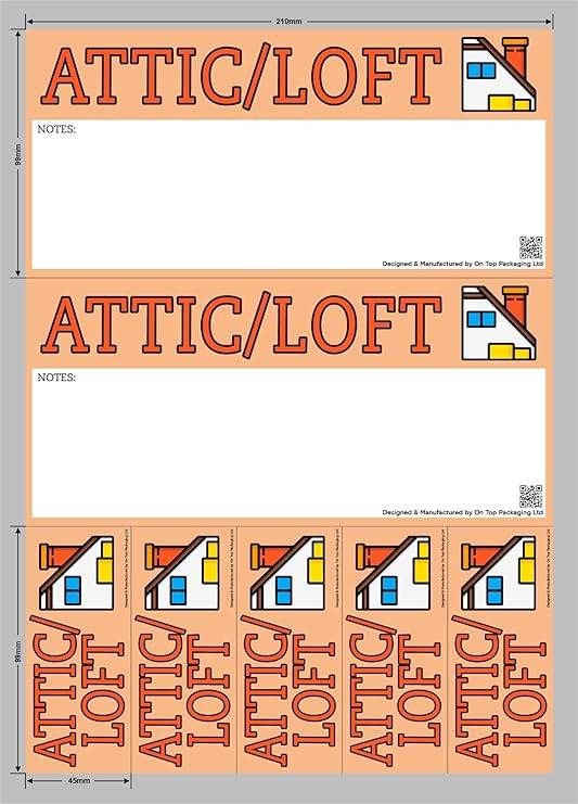 Sheet of attic moving stickers with two large rectangular labels and six narrow vertical labels, all featuring orange background, bold “ATTIC/LOFT” text, space for notes, house icon, and QR code.