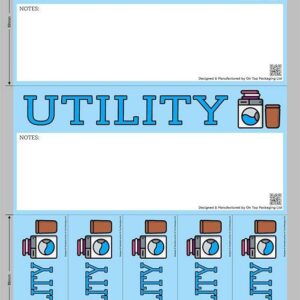 Sheet of utility moving stickers with two large rectangular labels and six narrow vertical labels, all with blue background, bold “UTILITY” text, space for notes, utility icon, and QR code.
