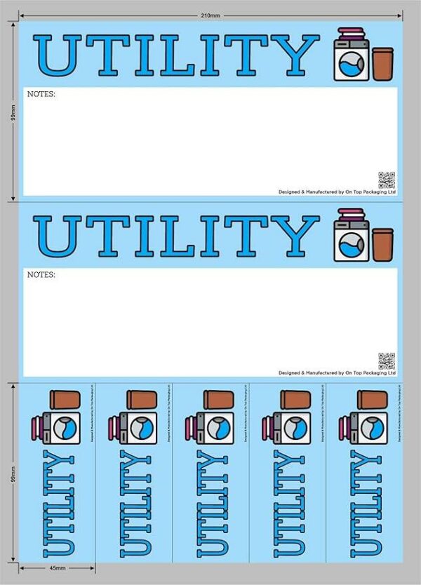Sheet of utility moving stickers with two large rectangular labels and six narrow vertical labels, all with blue background, bold “UTILITY” text, space for notes, utility icon, and QR code.