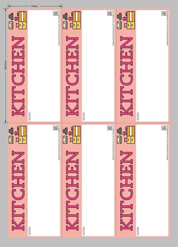 Sheet of six tall vertical kitchen moving stickers with pink background, bold “KITCHEN” text, space for notes, kitchen icon, and QR code.