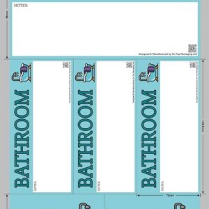 Combination sticker sheet for bathroom moves with one large label, three tall vertical labels, and three smaller ones, featuring bold blue design and bathroom icons.
