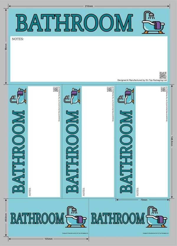 Combination sticker sheet for bathroom moves with one large label, three tall vertical labels, and three smaller ones, featuring bold blue design and bathroom icons.