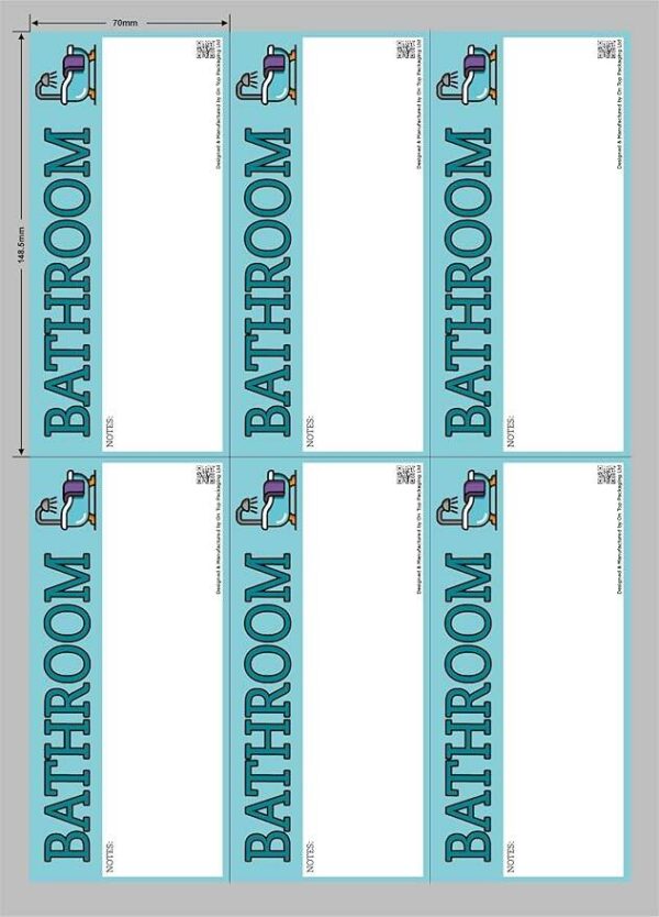 Sheet of six tall vertical bathroom stickers with blue background, bold “BATHROOM” text, note space, bathroom icon, and QR code.