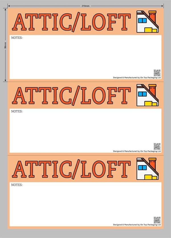 Sheet of three large rectangular attic moving stickers with orange background, bold “ATTIC/LOFT” text, space for notes, house icon, and QR code.