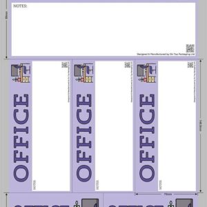 Combination sticker sheet for office moves with one large label, three tall vertical labels, and three smaller ones, featuring bold purple design and office icons.