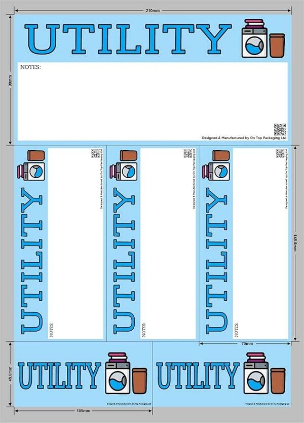 Mixed sheet of utility moving stickers including one large rectangular label, three tall vertical labels, and three small horizontal labels, all with blue background, bold “UTILITY” text, space for notes, utility icon, and QR code.