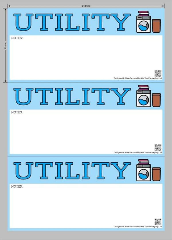 Sheet of three large rectangular utility moving stickers with blue background, bold “UTILITY” text, space for notes, utility room icon, and QR code.