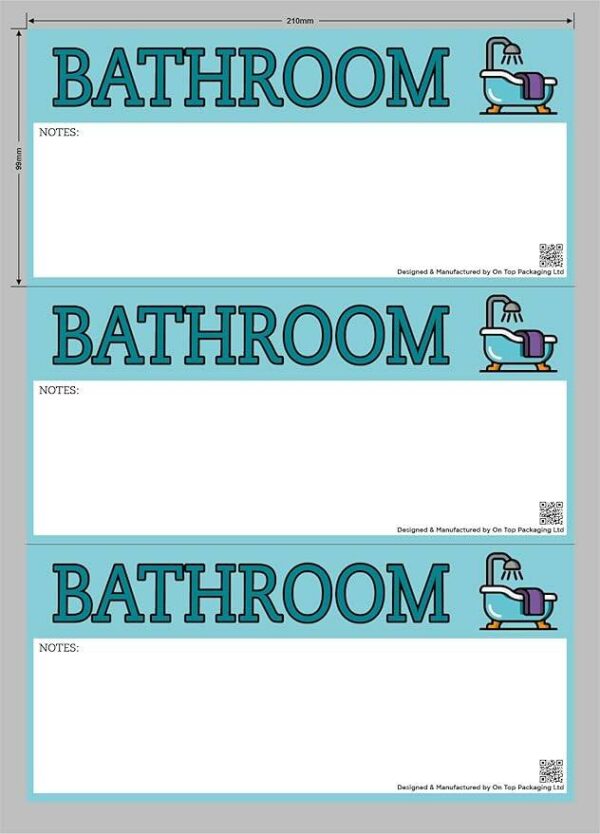 Sheet of three large rectangular bathroom moving stickers with blue background, bold “BATHROOM” text, space for notes, bathroom icon, and QR code.