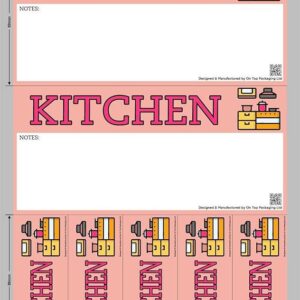 Sheet of kitchen moving stickers with two large rectangular labels and six narrow vertical labels, all featuring pink background, bold “KITCHEN” text, space for notes, kitchen icon, and QR code.