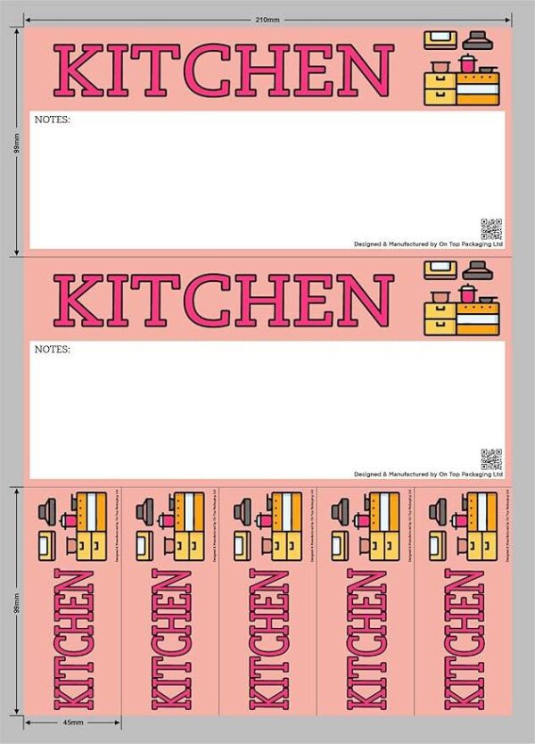 Sheet of kitchen moving stickers with two large rectangular labels and six narrow vertical labels, all featuring pink background, bold “KITCHEN” text, space for notes, kitchen icon, and QR code.