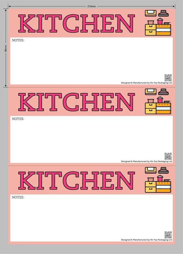 Sheet of three large rectangular kitchen moving stickers with pink background, bold “KITCHEN” text, space for notes, kitchen icon, and QR code.