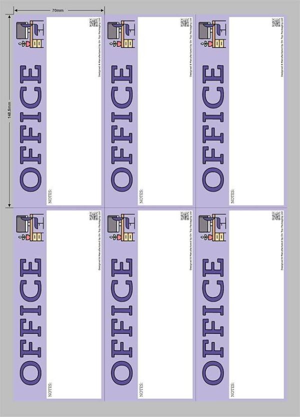 Sheet of six tall vertical office stickers with purple background, bold “OFFICE” text, note space, office icon, and QR code.