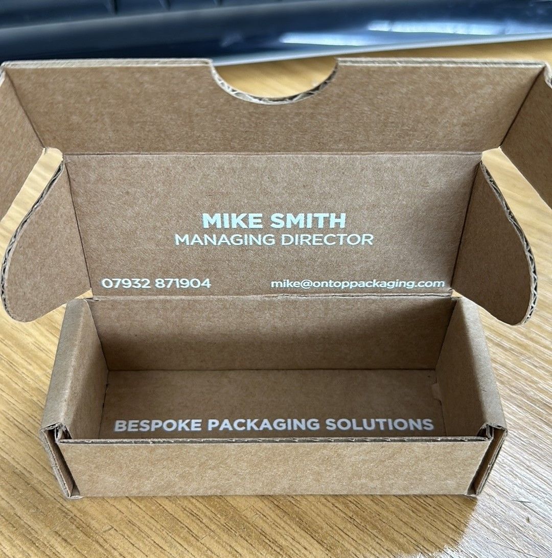 Miniature box business card showing bespoke packaging design by On Top Packaging