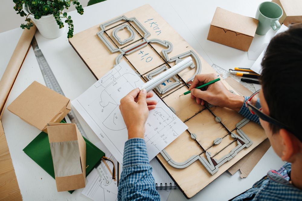Designer sketching custom packaging layout for a bespoke box at On Top Packaging