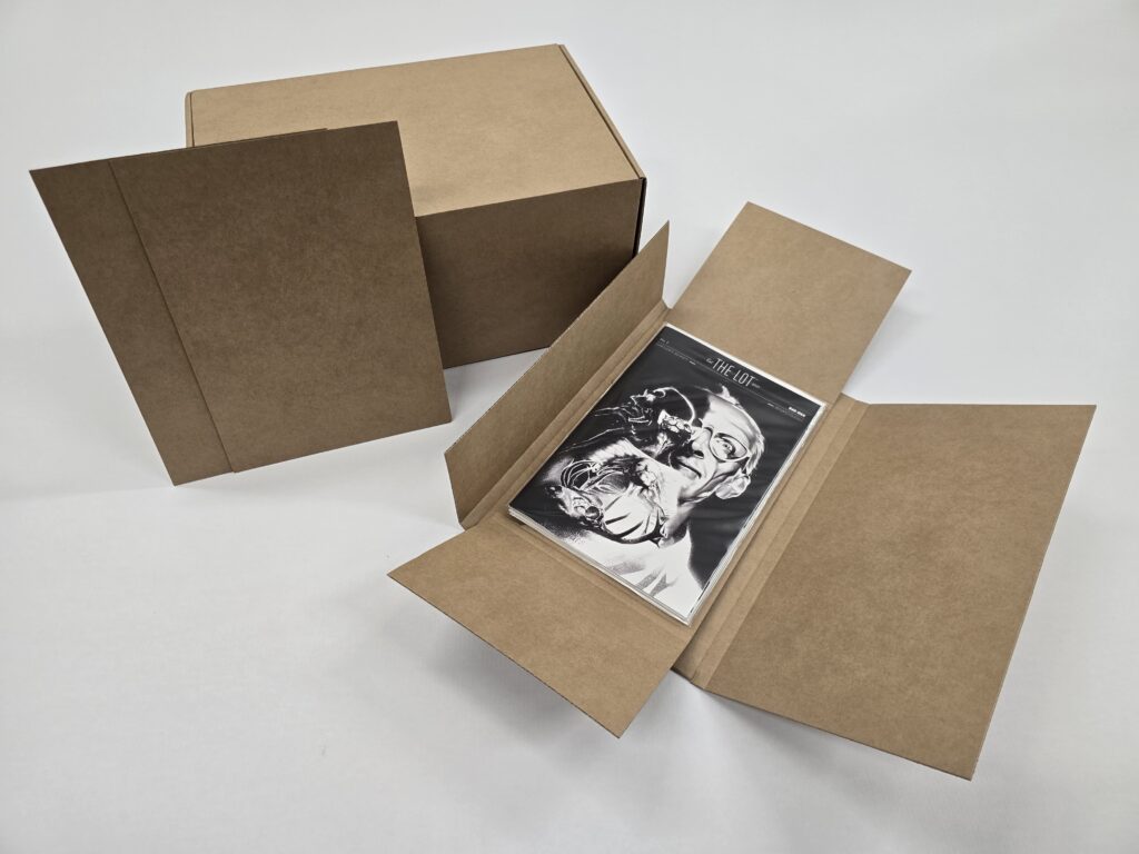 Comic book postal mailer open with bagged comics secured inside wrap insert